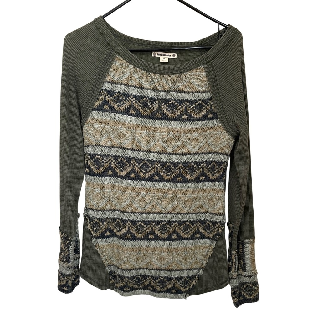 RuffHewn Womens Mixed Media Fair Isle Thermal‎ Top Olive Green Size M Boho